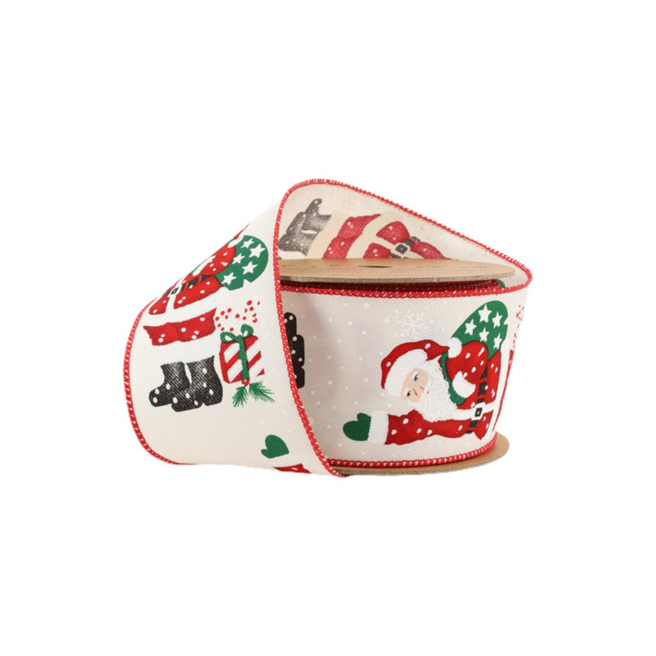 LaRibbons 2 1/2" Wired Ribbon | Santa With Sack on Off White | 10 Yard Roll